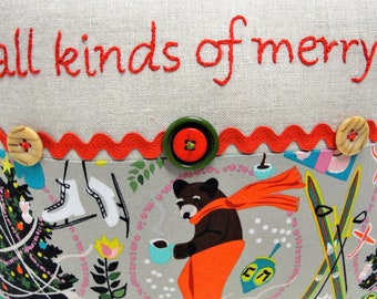 Christmas pillow- hand -embroidered "all kinds of merrry!" on linen with retro Christmas print, buttons and rick rack READY TO SHIP