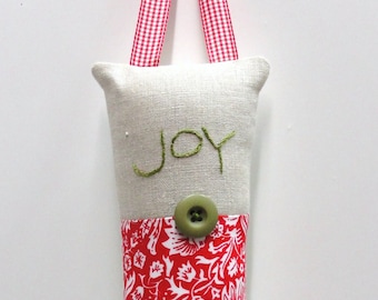 Christmas pillow- hand embroidered doorknob pillow "Joy" with red and white floral print READY TO SHIP