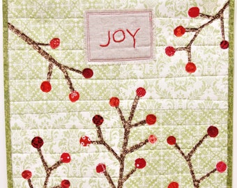 Christmas/Winter wall hanging- "JOY" hand embroidered with red berry branches on sage green appliqued, winter wedding, Ready to ship