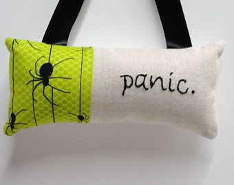 Halloween spider pillow- doorknob pillow "panic." on linen with spider print and black ribbon