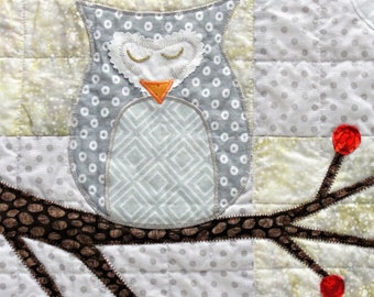 owl wall quilt- "Peaceful Winter Evening''- with branches of berries and full moon on winter sky background READY TO SHIP