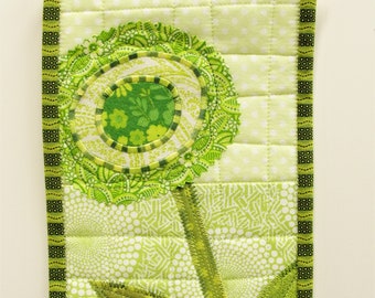 mini wall quilt- Irish poppy in green- appliqued, bright, St. Patrick's Day, Ready to ship