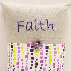Faith pillow hand embroidered in purple on linen purple and green on cream READY TO SHIP image 1