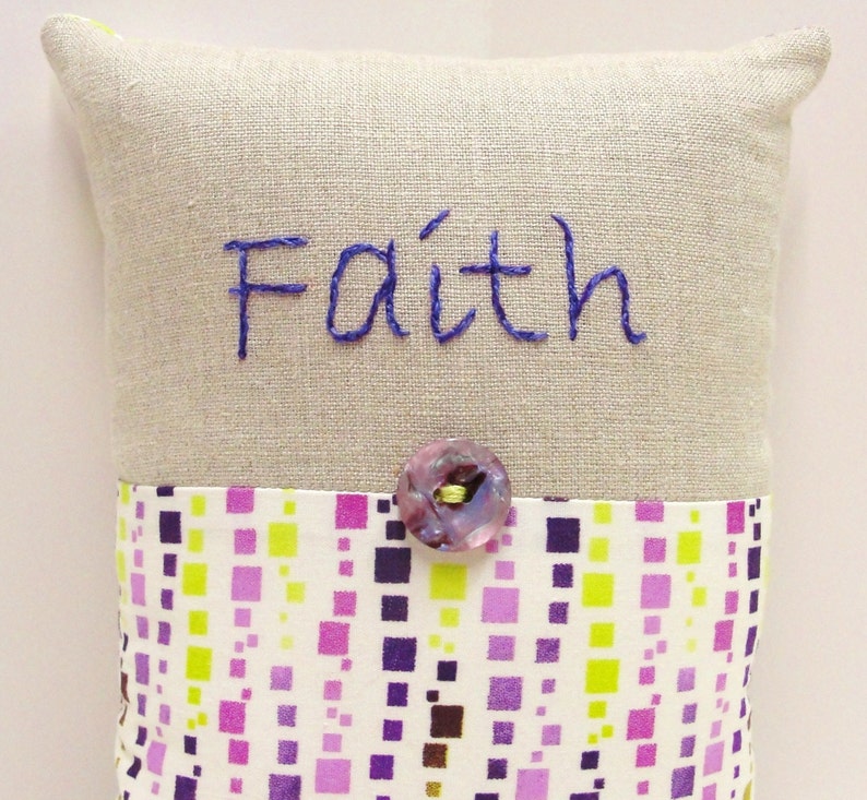 Faith pillow hand embroidered in purple on linen purple and green on cream READY TO SHIP image 1