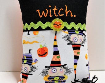 Halloween pillow- hand embroidered "witch." black linen, witches on cotton, snakes, pumpkins, Ready to ship