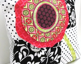 poppy pillow cover in black, white, red, pink, and green, cushion cover,  14 x 14 ready to ship