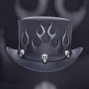 Handgemaakte leren cilinderhoed EI Dorado steampunk zwarte leren hoed - steampunk gotische Victoriaanse stijl - leren cilinderhoed met schedelband - motorhoed