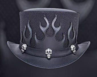Handmade Leather Top Hat EI Dorado Steampunk Black Leather Hat - Steampunk Gothic Victorian Style - Skull Band Leather Top Hat - Biker Hat