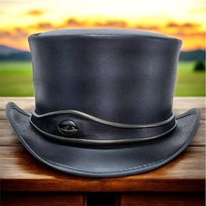 Leather Top Hat EI Dorado Steampunk Black Leather Hat - Steampunk Gothic Victorian Style - Eye Band Leather Top Hat - Biker&#39;s Top Hat