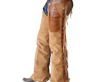 Chaparral de cuero de gamuza 100 % auténtica para hombre, con flecos, para vaqueros occidentales, pantalón de cuero de gamuza, chamarra de cuero de gamuza, chamarra de montar, chamarra de cuero para hombre