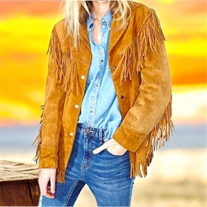 Chaqueta vaquera de ante con flecos para mujer, chaqueta vaquera de ante para mujer, chaqueta tradicional con borlas de Cripple Creek para mujer