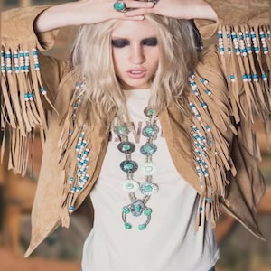 Chaqueta de gamuza con flecos estilo western para mujer, chaqueta de ante estilo western para mujer, chaqueta con borlas estilo nativo para mujer