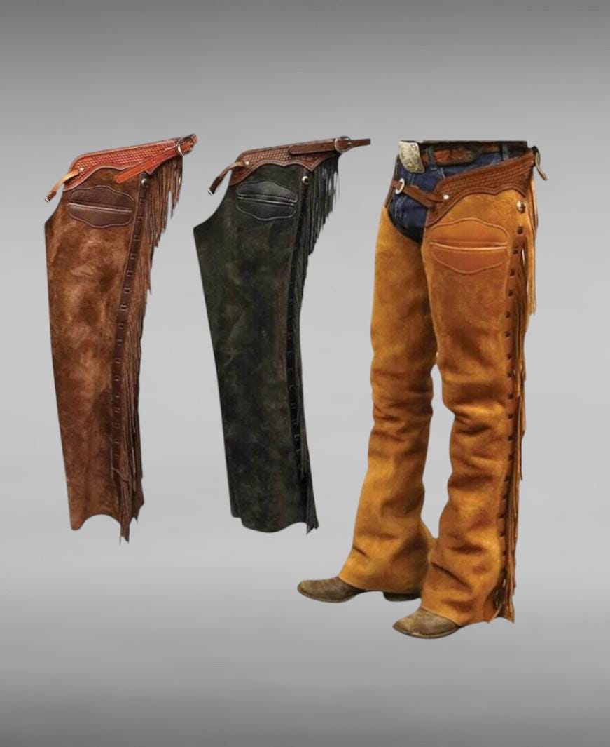 Chaparral de vaquero occidental nativo americano para montar, pantalón de cuero con flecos hecho a mano, chamarras de cuero de gamuza para rodeo