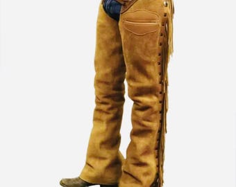Chaparral de cuero 100 % gamuza auténtica para hombre, estilo nativo americano, vaquero occidental, con flecos, Chaparral de cuero, Chaparral de montar de cuero gamuza para hombre
