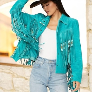 Chaqueta de gamuza auténtica 100 % para mujer, estilo western, con flecos, estilo tradicional y estilo nativo.