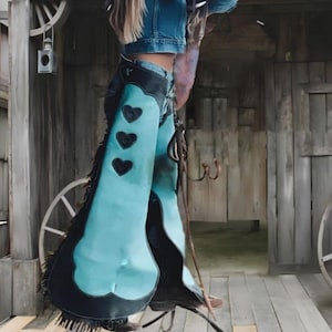 Women&#39;s Western Wear 100 % Real Suede Leather Western Buckskin Chap Fringes, Leather Pant, Leather Chap, Riding Chaps, Rodeo Leather Chap