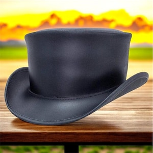 Leather Top Hat EI Dorado Steampunk Black Leather Hat - Steampunk Gothic Victorian Style - Unbanded Leather Top Hat - Biker&#39;s Top Hat
