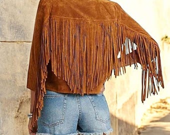 Giacca da donna in vera pelle scamosciata con frange, 100% vera pelle scamosciata, giacca in pelle di daino, giacca con nappe da donna