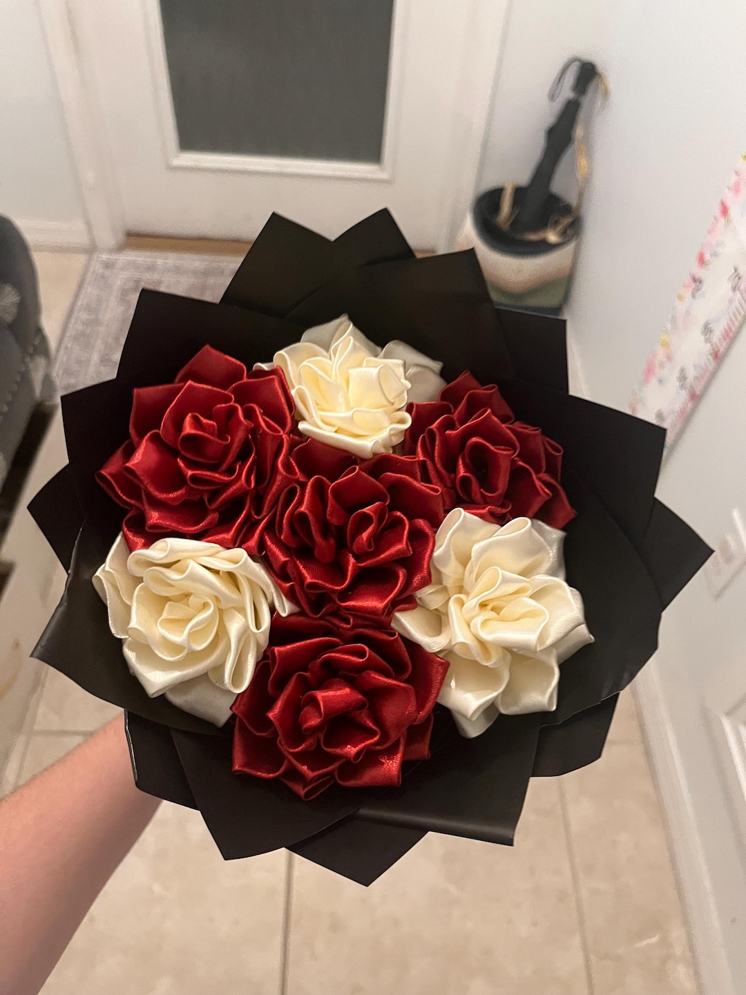 Red Dahlia Eternal Ribbon Flower Bouquet| 7 Count| Red and Cream ...