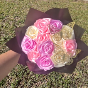 Pink, Cream and Purple Ribbon Rose Eternal Bouquet 12 Count| Rapunzel Themed Bouquet Bouquet| Pastel Colored Eternal Bouquet
