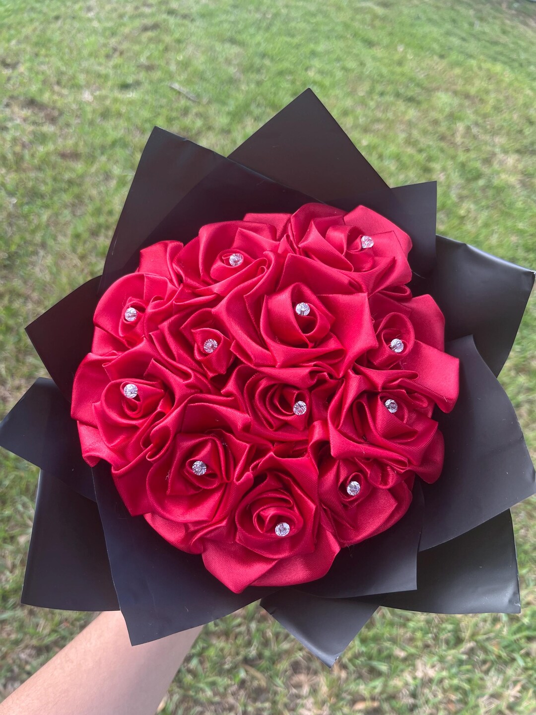 Burgundy Eternal Ribbon Rose Bouquet 12 Count W/ Diamond Pins Burgundy ...