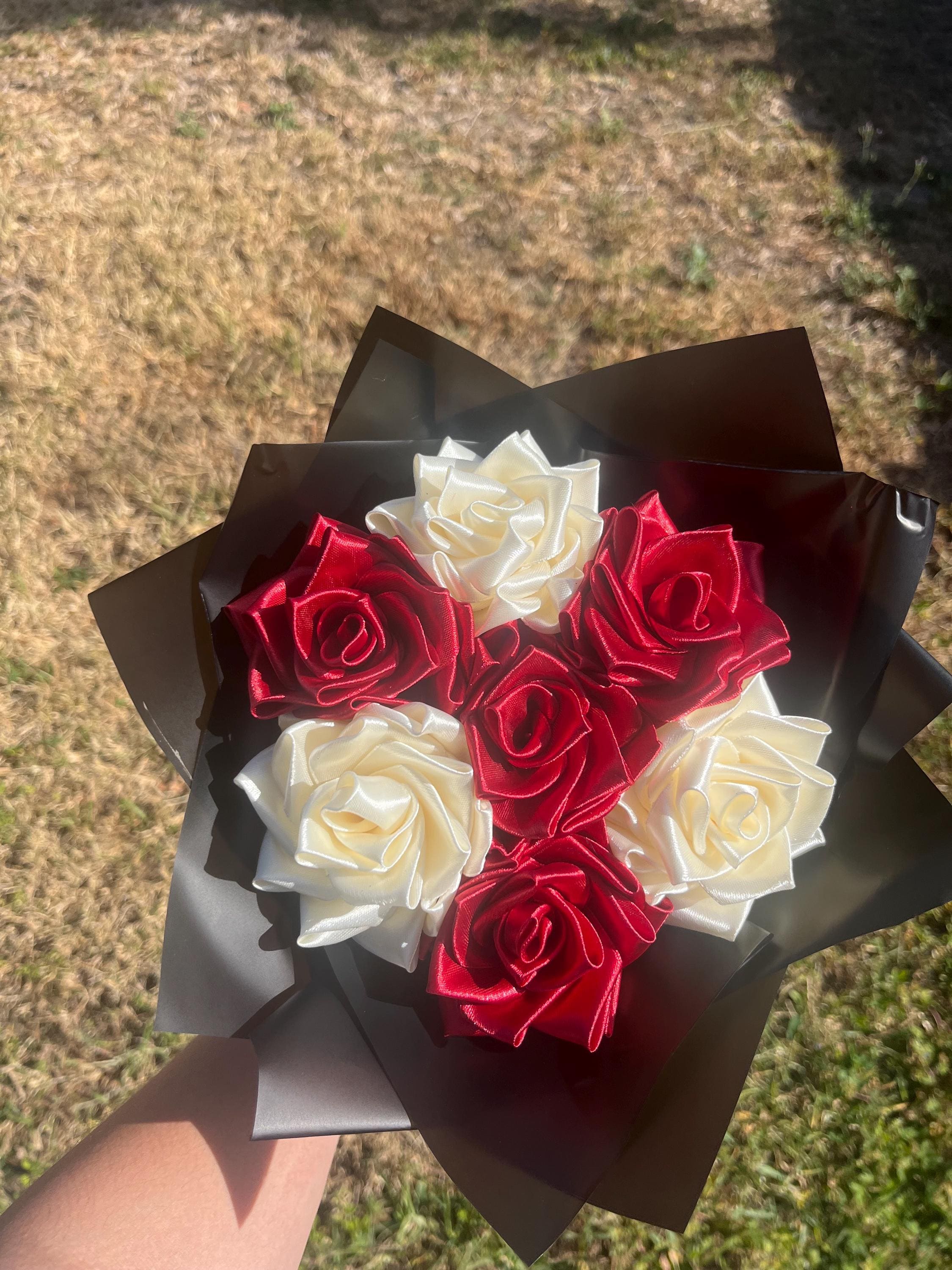 Red Dahlia Eternal Ribbon Flower Bouquet| 7 Count| Red and Cream