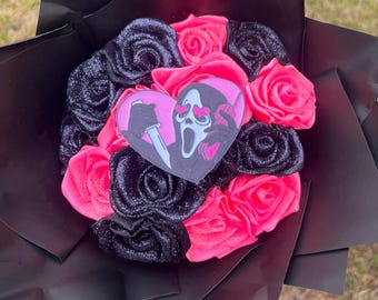 Scream Glitter Ribbon Rose Eternal Bouquet| 12 Count | Spooky Bouquet| Ghostface Bouquet| Valentine’s day