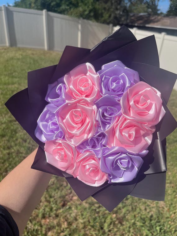 Pink and lavender satin ribbon rose bouquet