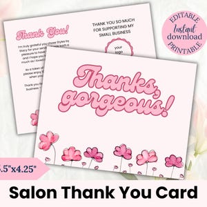 Modelo de cartão de agradecimento para cabeleireiro Canva, cartão postal para salão de beleza editável e imprimível, pequeno encarte floral rosa, para download