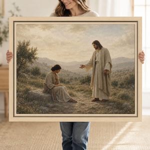 Jesus with Woman Custom Wall Art, Come to Me Christian Scripture Painting,  Religious Bible Verse Canvas, Farmhouse Faith Based Home Decor
