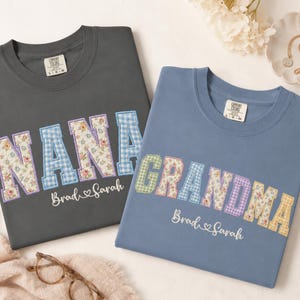 Personalized Grandma Shirt with Grandkids Names, Comfort Colors Tee Sweatshirt, Faux Patchwork Nana Gigi Mimi Gift, Mothers Day Christmas
