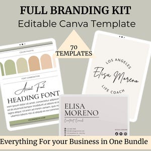 Editable brand board templates featuring customizable email signatures, logo designs, color palettes, and font combinations for cohesive branding.