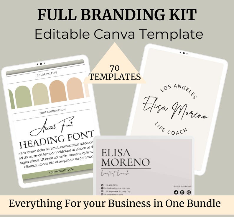 Editable brand board templates featuring customizable email signatures, logo designs, color palettes, and font combinations for cohesive branding.