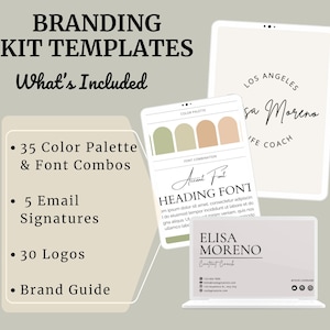 Editable brand board templates featuring customizable email signatures, logo designs, color palettes, and font combinations for cohesive branding.