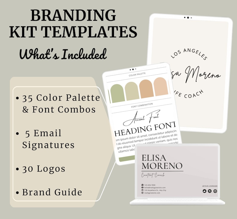 Editable brand board templates featuring customizable email signatures, logo designs, color palettes, and font combinations for cohesive branding.
