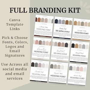 Editable brand board templates featuring customizable email signatures, logo designs, color palettes, and font combinations for cohesive branding.