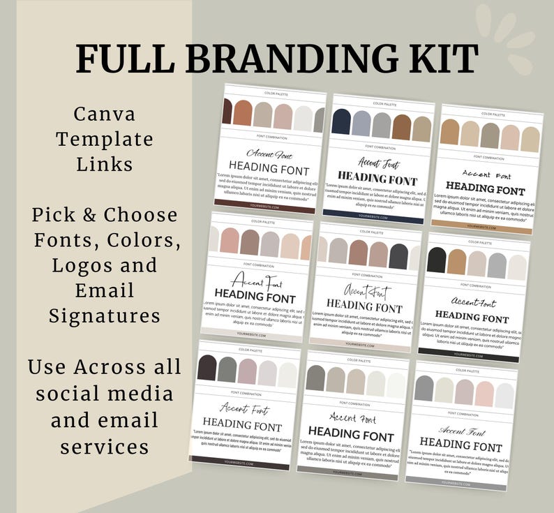 Editable brand board templates featuring customizable email signatures, logo designs, color palettes, and font combinations for cohesive branding.