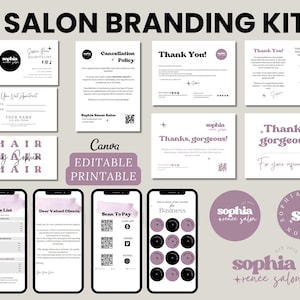 Brandingkit voor salons en haarstylisten, bewerkbare retro canva-sjablonen afdrukbaar logo, prijsverhoging, annuleringsbeleid, visitekaartje