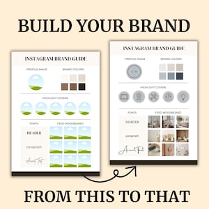 Editable brand board templates featuring customizable email signatures, logo designs, color palettes, and font combinations for cohesive branding.
