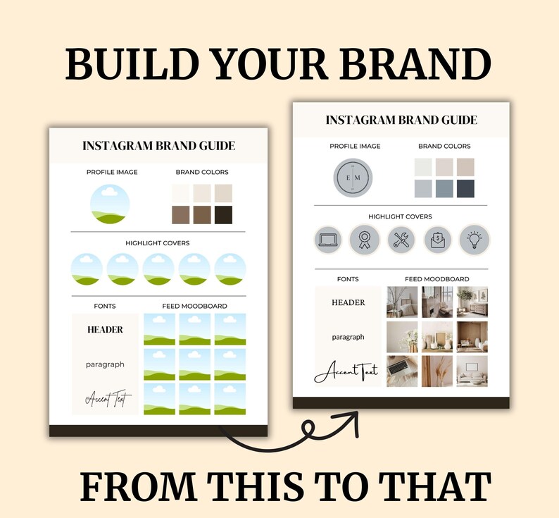 Editable brand board templates featuring customizable email signatures, logo designs, color palettes, and font combinations for cohesive branding.