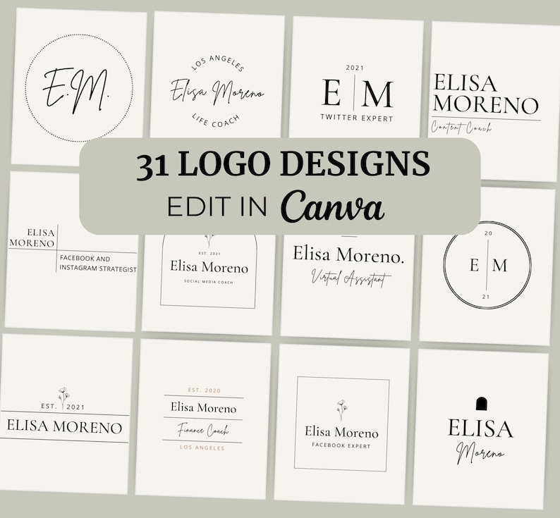 Editable brand board templates featuring customizable email signatures, logo designs, color palettes, and font combinations for cohesive branding.