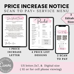 Aviso de aumento de precio de salón, plantilla de lista de precios, escaneo de código QR para pagar, salón editable en Canva, salón de belleza, uñas, maquillaje, estilista, pestañas