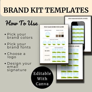 Editable brand board templates featuring customizable email signatures, logo designs, color palettes, and font combinations for cohesive branding.