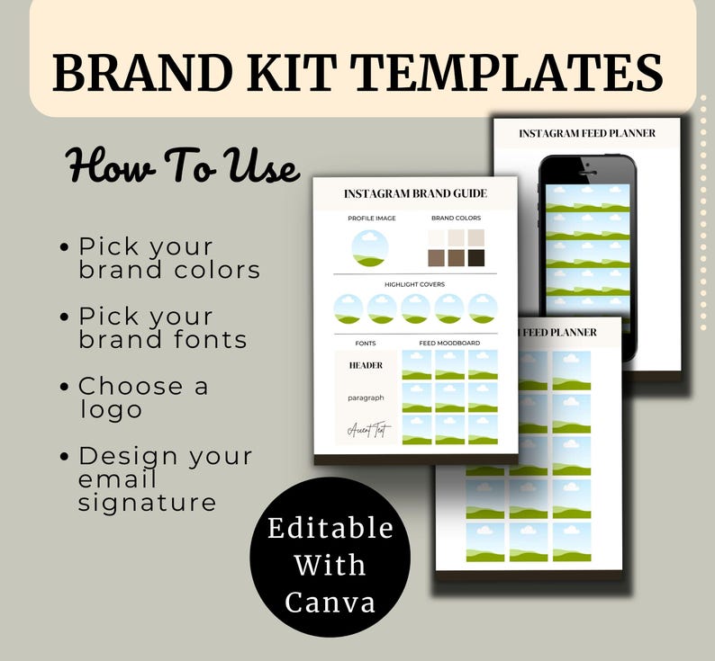 Editable brand board templates featuring customizable email signatures, logo designs, color palettes, and font combinations for cohesive branding.