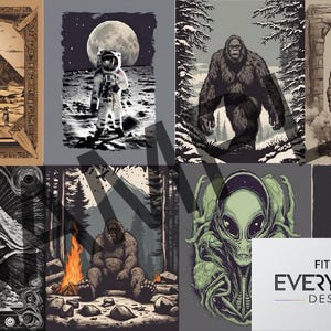 Puede incluir: Un collage de nueve diseños gráficos diferentes con varios temas, incluyendo un astronauta en la luna, un Bigfoot en el bosque, una criatura de la laguna negra y una pirámide en el desierto. Los diseños son todos en blanco y negro con un estilo vintage.