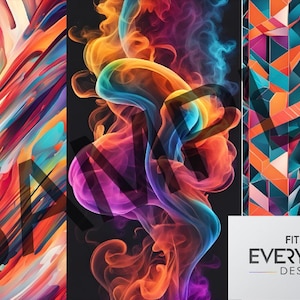 May include: Three abstract digital art designs featuring vibrant colors and geometric shapes. The first design features swirling, colorful lines. The second design features colorful smoke-like shapes. The third design features a geometric pattern with teal, orange, and pink colors. The text "FIT FOR EVERYTHING DESIGNS" is at the bottom of the image.