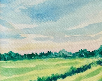 Original Watercolor Landscape Painting: Green Fields, Blue Sky (5x7 Matted)