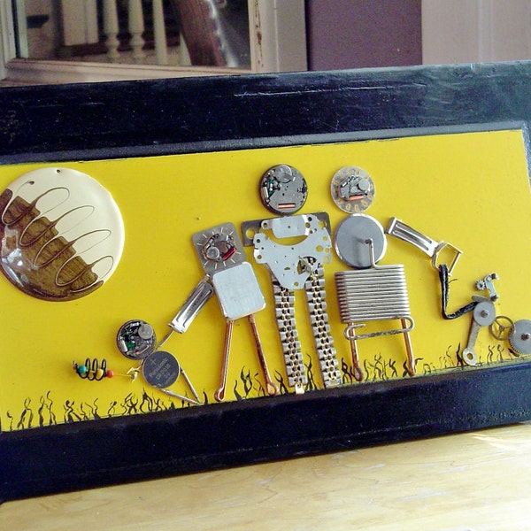 Steampunk Robot wall sculpture wall hanging family of 4 with dog reclaimed wood and metal Housewarming IRONDOG