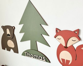 Personalized Woodland Wall Art Set, Tree Name Sign for Kids, Wooden Animal Wall Art for Baby Nursery and Nature Kids Room, Bear, Fox & Tree