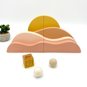 Desert Sunrise Landscape Bookends perfect for a Boho Baby Nursery, organizing kids books or bringing bohemian feel to a home.